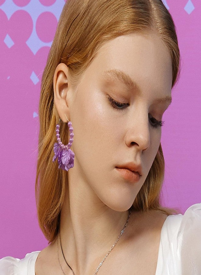 Anmpab Pearl Petal Hoop Earrings for Women Circle Petal Shell Tassel Dangle Drop Earrings Wedding Prom Jewelry (Violet) - Image 2