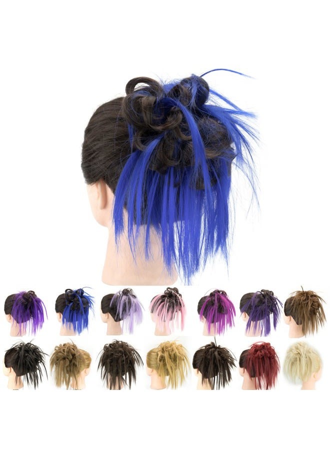 IMISSU 2PCS Messy Hair Bun Piece Updo Fake Scrunchies Extension Wavy Curly Hairpieces Ponytail Chignon Headband for Women Girls (2PCS Brown Blue) - Image 1