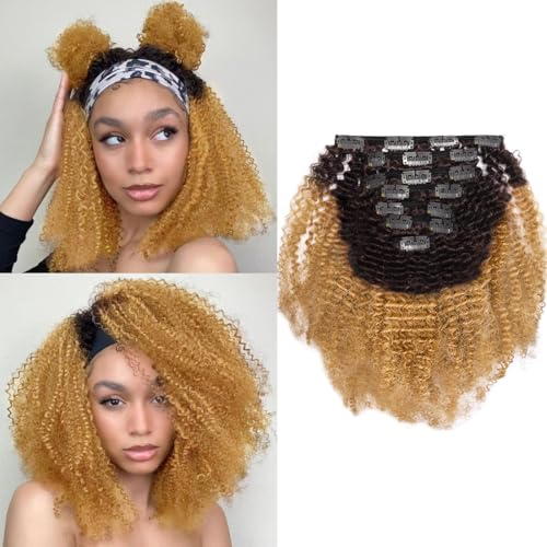 Caliee Virgin Hair Afro Kinky Curly Clip ins Human Hair Extension Brazilian 4A and 4B Curly for African American Black Women Ombre Brown Blonde 120 Gram14 Inch - Image 2