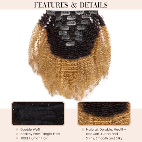 Caliee Virgin Hair Afro Kinky Curly Clip ins Human Hair Extension Brazilian 4A and 4B Curly for African American Black Women Ombre Brown Blonde 120 Gram14 Inch - Image 5