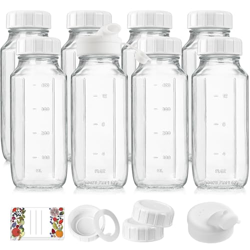 Syntic 8 Pack 16 Oz Reusable Glass Milk Bottles w 100% Airtight Heavy Duty SCREW Lid & 2 Pour Spouts - Glass Juice Bottles w Capacity Mark - Beverage Drinking Jar Juice Container Breast Milk(Extra 2 Lids) - Image 1