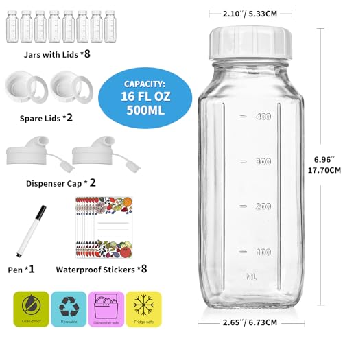 Syntic 8 Pack 16 Oz Reusable Glass Milk Bottles w 100% Airtight Heavy Duty SCREW Lid & 2 Pour Spouts - Glass Juice Bottles w Capacity Mark - Beverage Drinking Jar Juice Container Breast Milk(Extra 2 Lids) - Image 4