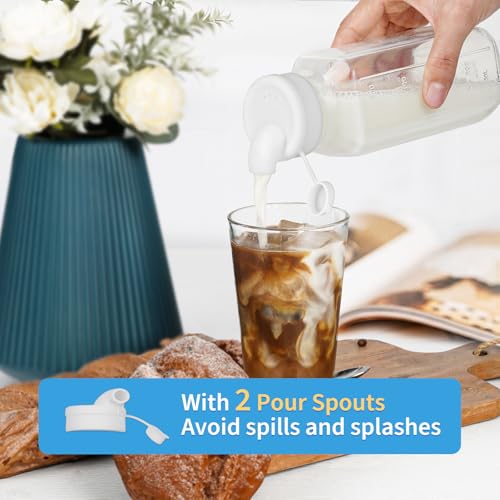 Syntic 8 Pack 16 Oz Reusable Glass Milk Bottles w 100% Airtight Heavy Duty SCREW Lid & 2 Pour Spouts - Glass Juice Bottles w Capacity Mark - Beverage Drinking Jar Juice Container Breast Milk(Extra 2 Lids) - Image 2