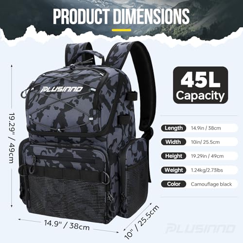 PLUSINNO Fishing Backpack with Rod Holders & Cooler, 45L Large Water-resistant Tackle Bag, Black Camo - Image 3