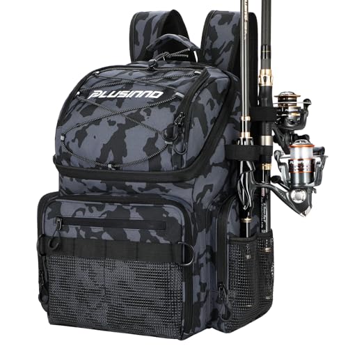 PLUSINNO Fishing Backpack with Rod Holders & Cooler, 45L Large Water-resistant Tackle Bag, Black Camo - Image 1
