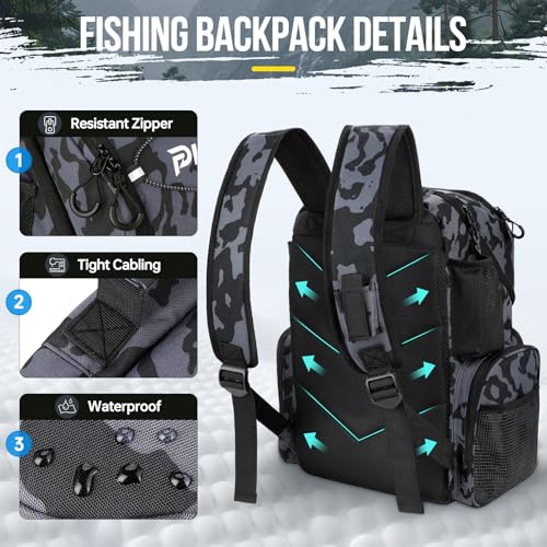 PLUSINNO Fishing Backpack with Rod Holders & Cooler, 45L Large Water-resistant Tackle Bag, Black Camo - Image 5