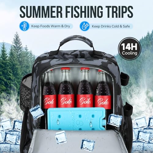 PLUSINNO Fishing Backpack with Rod Holders & Cooler, 45L Large Water-resistant Tackle Bag, Black Camo - Image 2