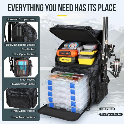 PLUSINNO Fishing Backpack with Rod Holders & Cooler, 45L Large Water-resistant Tackle Bag, Black Camo - Image 4