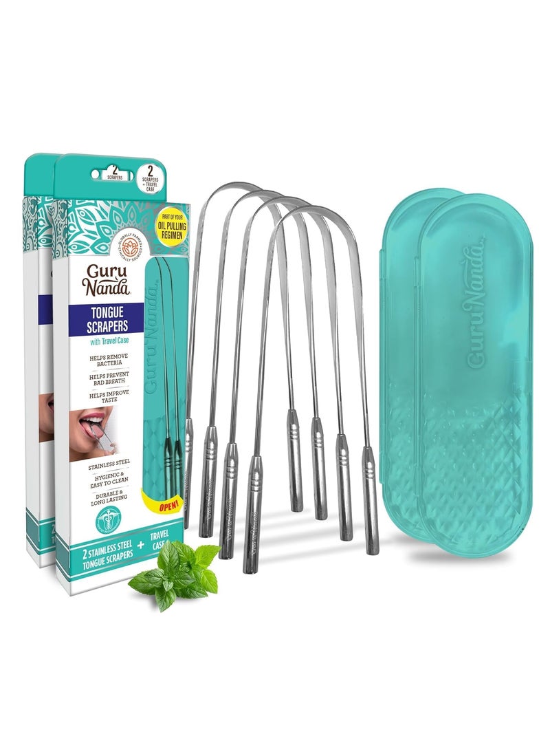 GuruNanda - GuruNanda Tongue Scraper for Adults (4-Pack) with Travel Case, 420 Medical Grade Stainless Steel, Aids in Fresh Breath & Oral Care - Travel-Friendly - Image 1