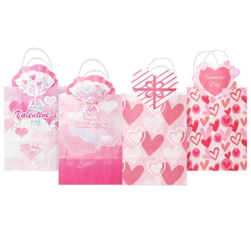 qiqee Valentine Paper Bags with Handles Bulk 24PCS 8.3"x6"x3.15" Heart Pink Gift Bags 4 Different Designs Bags Multiple Uses (Small Size) - Image 1