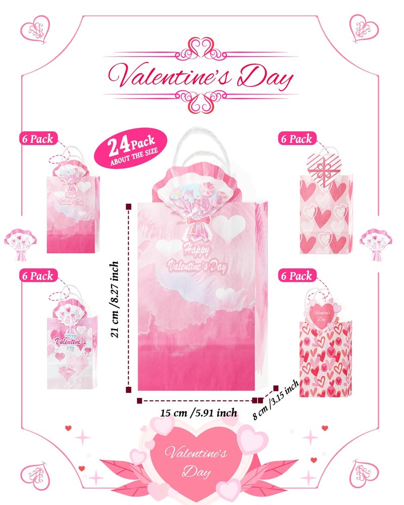 qiqee Valentine Paper Bags with Handles Bulk 24PCS 8.3"x6"x3.15" Heart Pink Gift Bags 4 Different Designs Bags Multiple Uses (Small Size) - Image 5