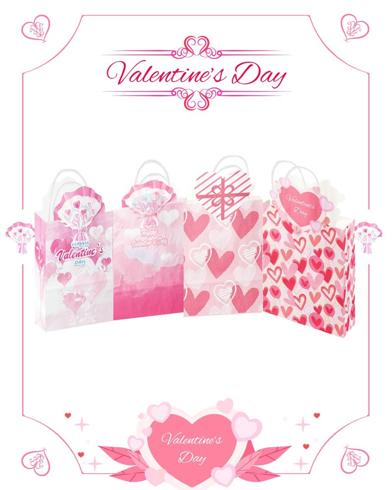 qiqee Valentine Paper Bags with Handles Bulk 24PCS 8.3"x6"x3.15" Heart Pink Gift Bags 4 Different Designs Bags Multiple Uses (Small Size) - Image 3