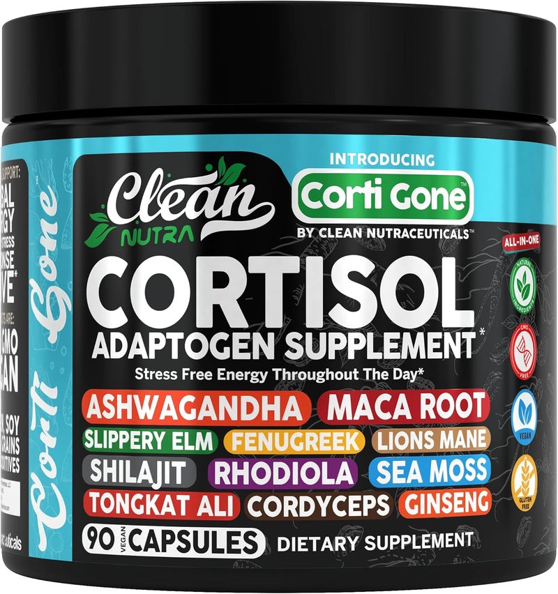 Clean Nutraceuticals مكملات كورتيسول للنساء من كورتاي غون مع جذور الماكا وأشواغاندا ومدير إزالة كورتيسول ومواد أخرى مثل البلوط الزلق والحلبة ومانا الأسود وشيلجيت وروديولا وطحالب البحر وتونكات علي وكورديسيبس وجينسنغ وجذر الشمندر - Image 1