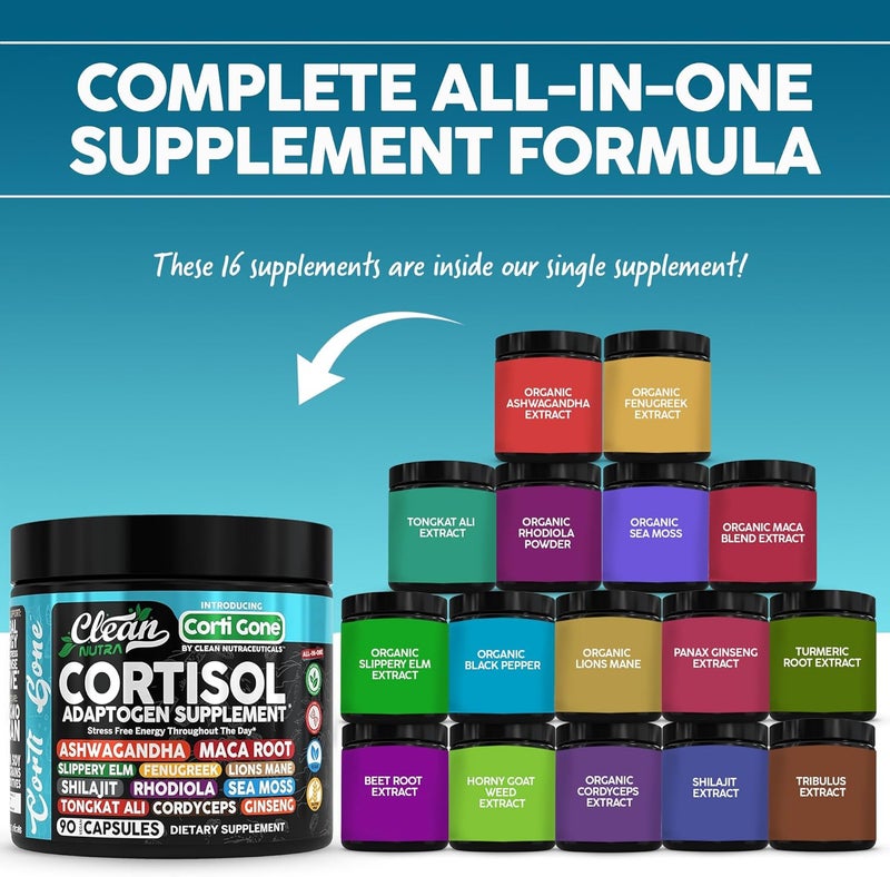 Clean Nutraceuticals مكملات كورتيسول للنساء من كورتاي غون مع جذور الماكا وأشواغاندا ومدير إزالة كورتيسول ومواد أخرى مثل البلوط الزلق والحلبة ومانا الأسود وشيلجيت وروديولا وطحالب البحر وتونكات علي وكورديسيبس وجينسنغ وجذر الشمندر - Image 2