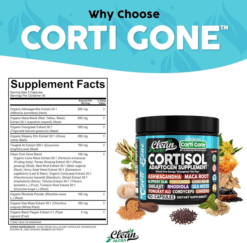 Clean Nutraceuticals مكملات كورتيسول للنساء من كورتاي غون مع جذور الماكا وأشواغاندا ومدير إزالة كورتيسول ومواد أخرى مثل البلوط الزلق والحلبة ومانا الأسود وشيلجيت وروديولا وطحالب البحر وتونكات علي وكورديسيبس وجينسنغ وجذر الشمندر - Image 5