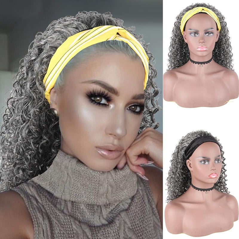 CINHOO CINHOO Afro Kinky Curly Black Hair Wigs with Headbands Attached Headband Wig for Black Women Afro Curly Wave Deep Wave Gray Headband Wig Brazilian Virgin Remy Wet Wavy headband Wigs Gray