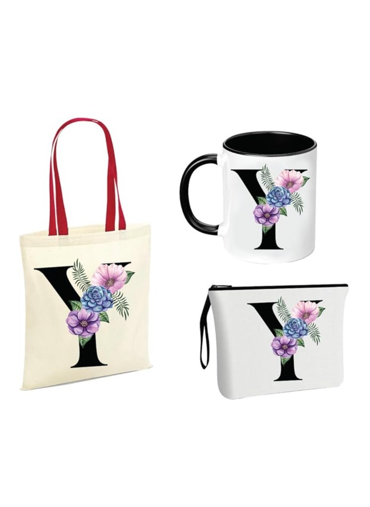 PRINTSHOP4ME Initial Letters Canvas Cotton Tote Bag With Red Handle and Cosmetic pouch for girls - Mug gifts - Pack of 3 Combo set -Giftset for wedding - Gifts for girls - Gift for friends  - Image 1