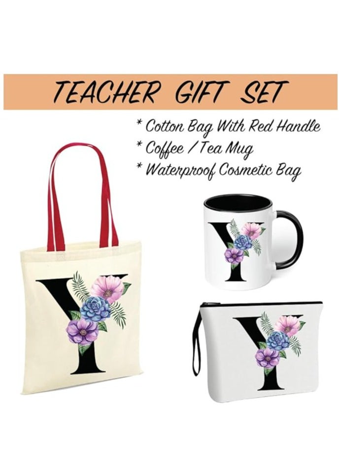 PRINTSHOP4ME Initial Letters Canvas Cotton Tote Bag With Red Handle and Cosmetic pouch for girls - Mug gifts - Pack of 3 Combo set -Giftset for wedding - Gifts for girls - Gift for friends  - Image 2