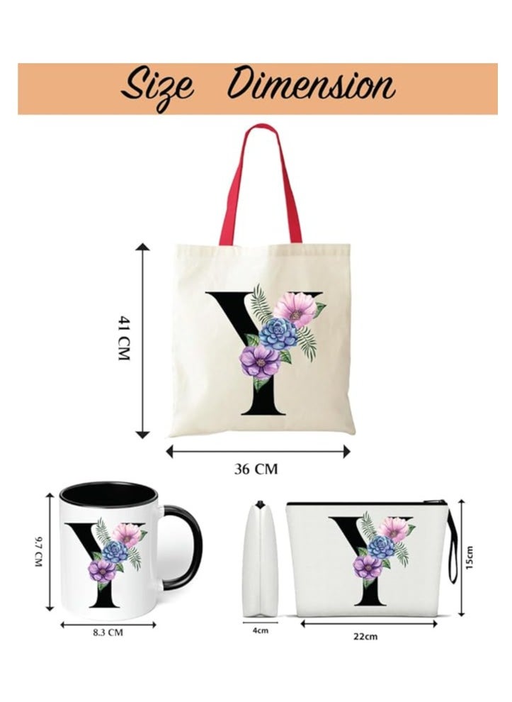 PRINTSHOP4ME Initial Letters Canvas Cotton Tote Bag With Red Handle and Cosmetic pouch for girls - Mug gifts - Pack of 3 Combo set -Giftset for wedding - Gifts for girls - Gift for friends  - Image 3