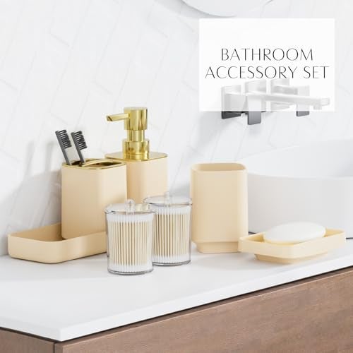 WSBArt 9PCS Bathroom Accessory Set Beige Bathroom Set with LargeCapacity 4 Gallon Trash Can Bathroom Accessories Set Complete Toothbrush Holder Soap Dispenser Toilet Brush Bathroom Decor - Image 3