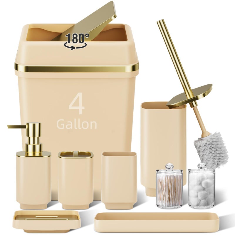 WSBArt 9PCS Bathroom Accessory Set Beige Bathroom Set with LargeCapacity 4 Gallon Trash Can Bathroom Accessories Set Complete Toothbrush Holder Soap Dispenser Toilet Brush Bathroom Decor - Image 2