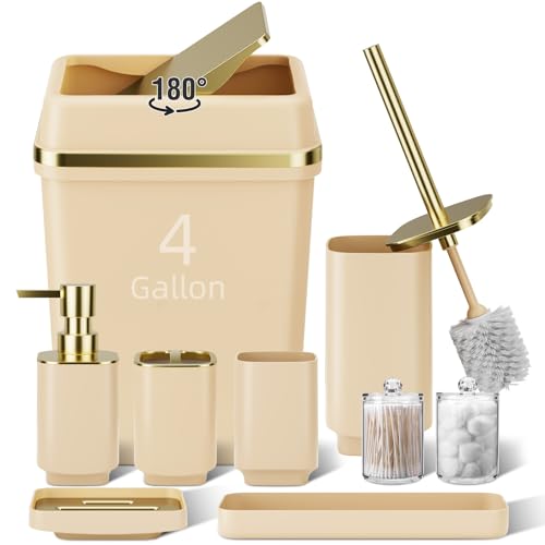 WSBArt 9PCS Bathroom Accessory Set Beige Bathroom Set with LargeCapacity 4 Gallon Trash Can Bathroom Accessories Set Complete Toothbrush Holder Soap Dispenser Toilet Brush Bathroom Decor - Image 1