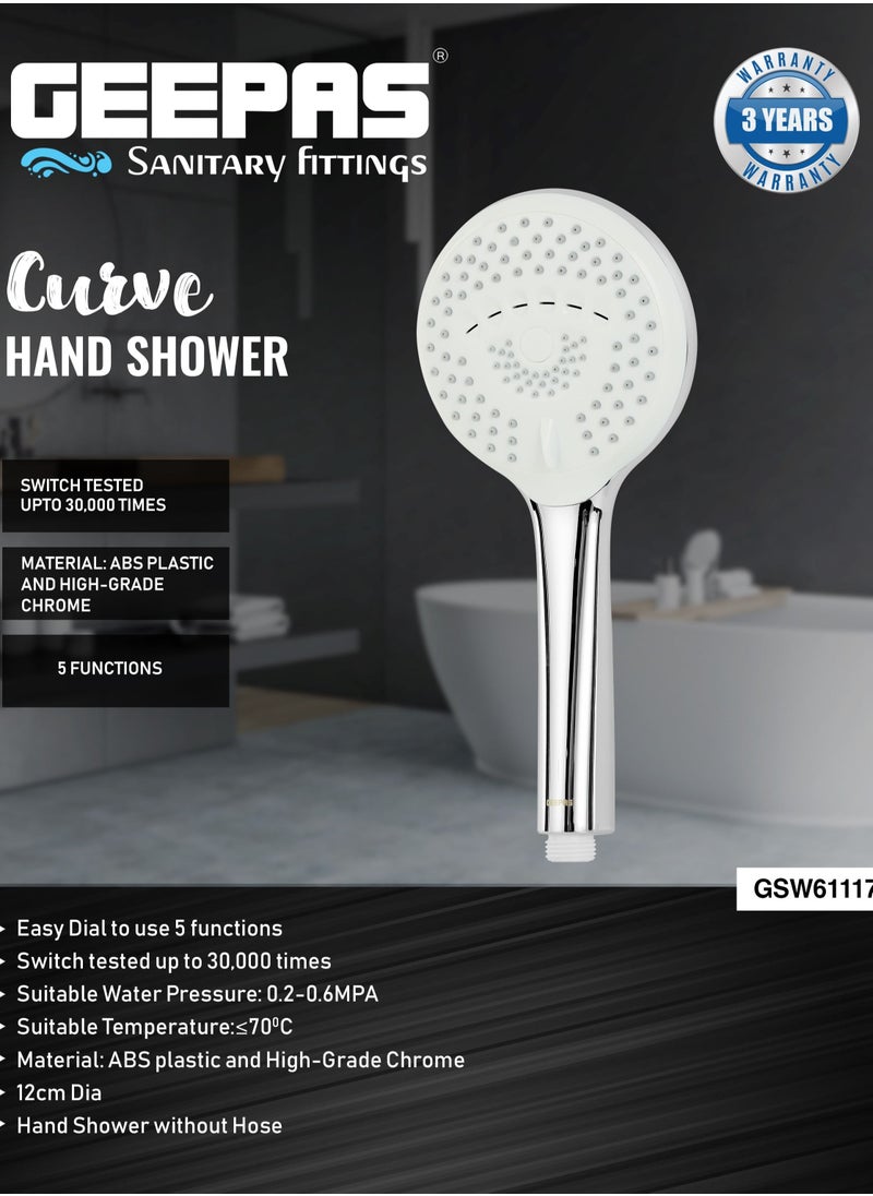 GEEPAS - Curve Hand Shower 12CM Diameter, 5 Functions, Easy to use, Dial to change the functions, High Quality Material Bathroom Shower Head, Chrome Plated - Image 1