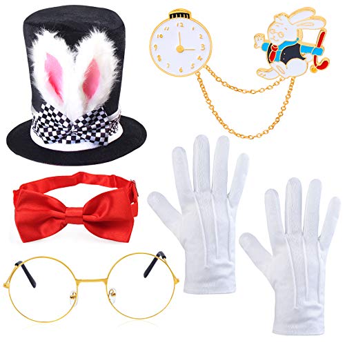 Yewong Easter White Rabbit Costume -Mad Hatter Costume -Bunny Rabbits Dress Up Costume Accessory-Include Rabbits Ears Topper Plush Hat Clock Glasses Bowtie Gloves - Image 1