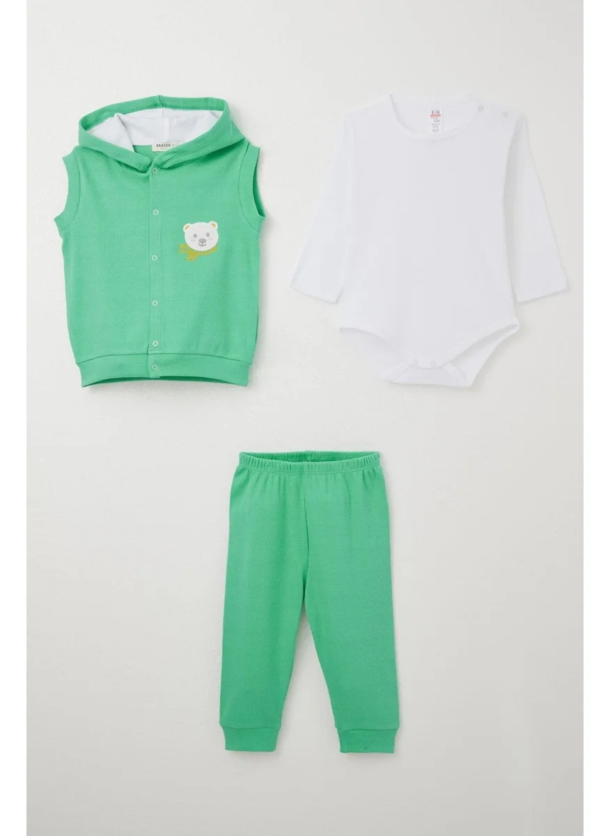 Breeze Baby Boy Bodysuit 3-Piece Set Cute Bear Embroidered Hooded 4 Months-1 Years, Green