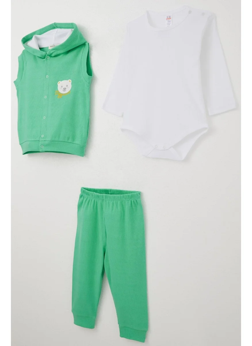 Breeze Baby Boy Bodysuit 3-Piece Set Cute Bear Embroidered Hooded 4 Months-1 Years, Green