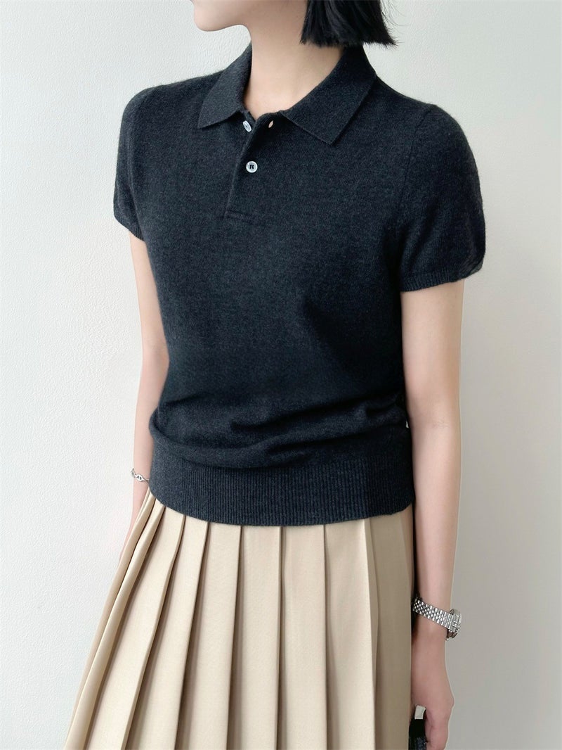 Loose Short Polo Collar Wool Knitted Short-Sleeved Women'S 2025 Thin Shirt Collar Half-Sleeved T-Shirt - Image 1