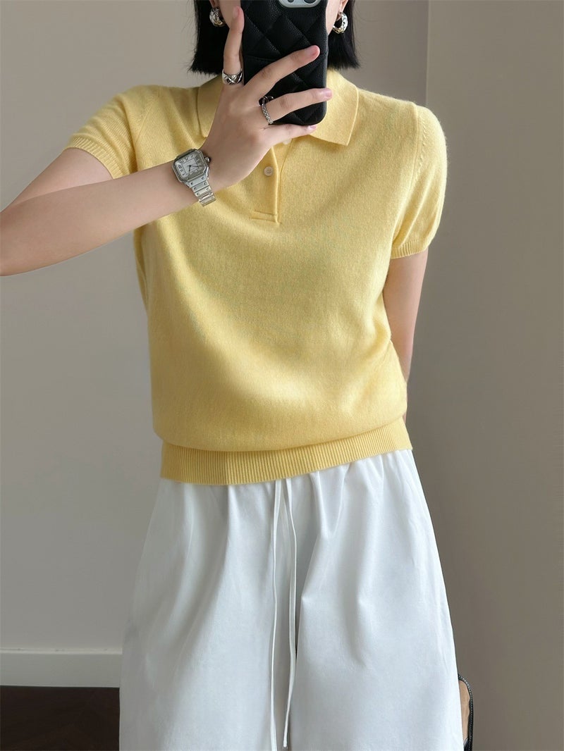 Loose Short Polo Collar Wool Knitted Short-Sleeved Women'S 2025 Thin Shirt Collar Half-Sleeved T-Shirt - Image 2