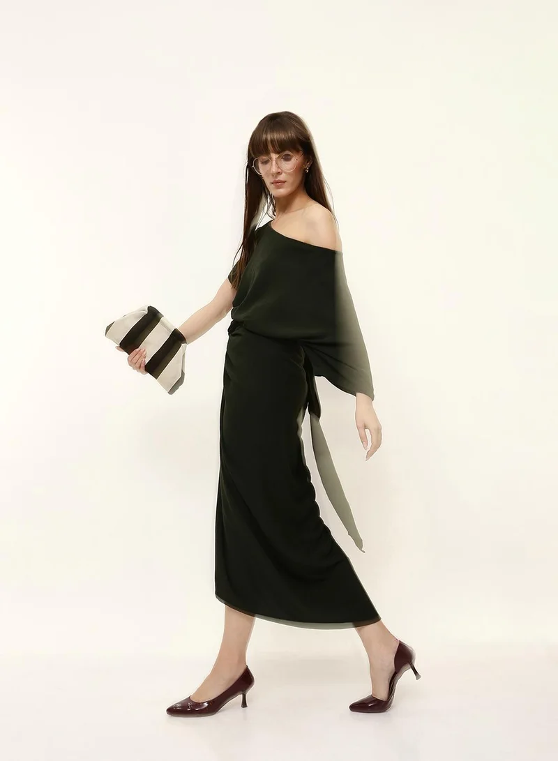 دينيس لينغو Olive Poly Solid Print Midi Asymmetrical Regular Fit Dress For Women
