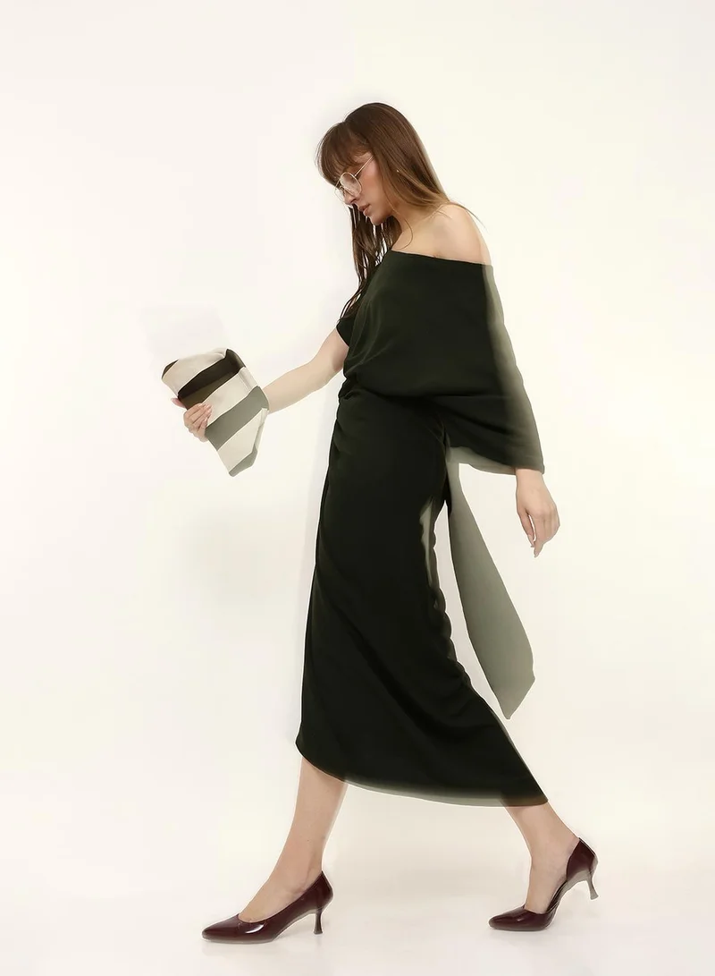 دينيس لينغو Olive Poly Solid Print Midi Asymmetrical Regular Fit Dress For Women