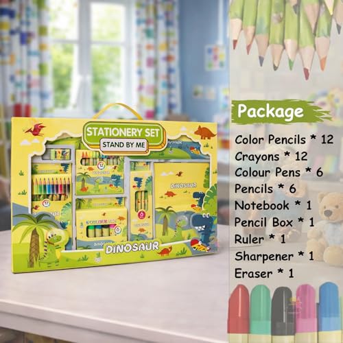 WISHKEY 41 Pieces Dinosaur Theme All-in-One Stationery Set Stationery Items with Pencil Box Notebook Scale Eraser Sharpener Crayons Color Pencils Color Pens Pencils Return Gift for Birthday Kids 6+ - Image 2