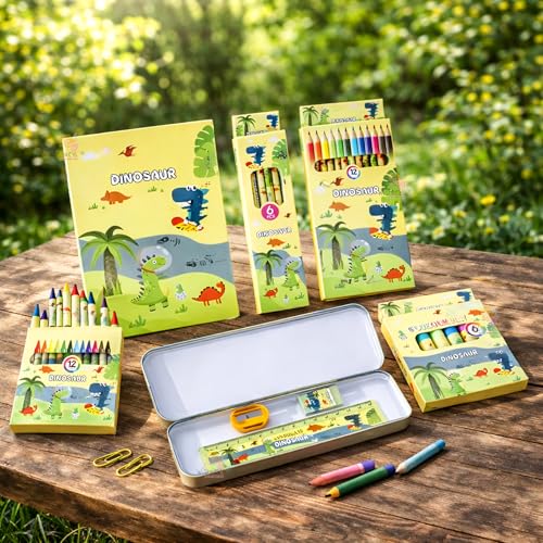 WISHKEY 41 Pieces Dinosaur Theme All-in-One Stationery Set Stationery Items with Pencil Box Notebook Scale Eraser Sharpener Crayons Color Pencils Color Pens Pencils Return Gift for Birthday Kids 6+ - Image 3