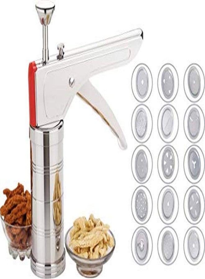 Jeruki Stainless Steel Kitchen Press for Noodles and Snacks Sev Grater Cookies Maker with 15 Interchangeable Blades (Silver) - Image 3