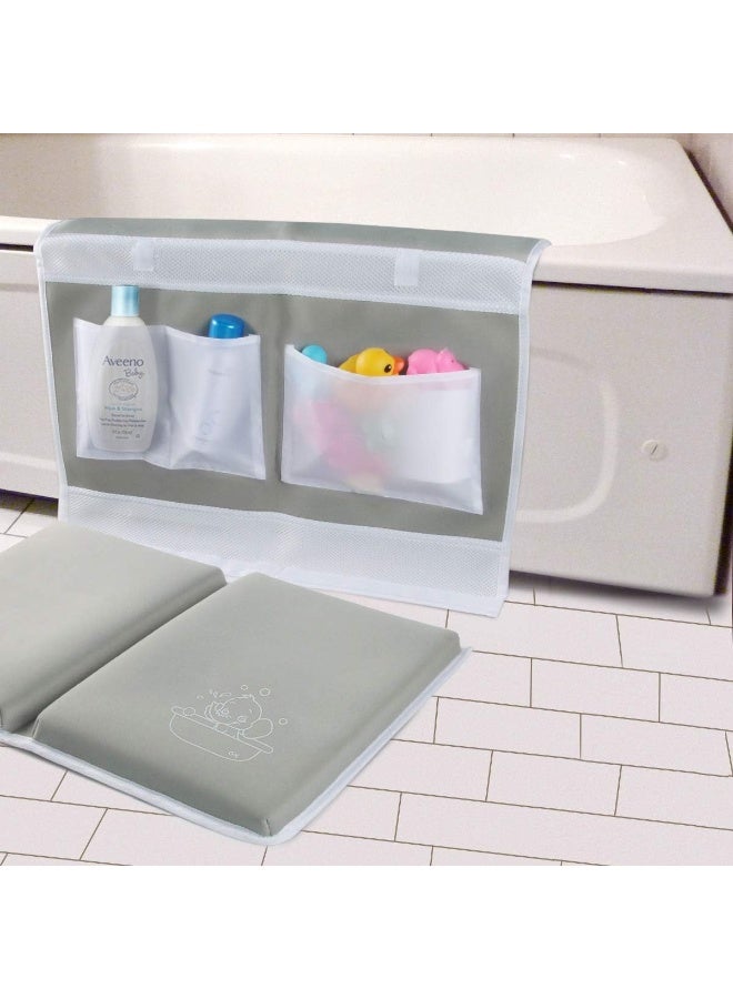 TQS Bath Kneeler with Elbow Rest Pad - Bath Kneeling Pad with Toy Organizer - Large Safety Kneeler Mat for Tub Bathing and Bathroom Time - Detachable and Foldable Child Bath Tub Mat for Parents - Gray - Image 1