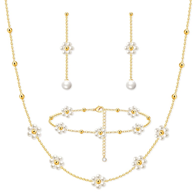 Zeffy Dainty Daisy Pearl Necklace and Earring Set with Drop Earrings Bracelets 14K Gold Plated Flower Choker Necklace Wedding Bride Jewelry Trendy Gift - Image 1