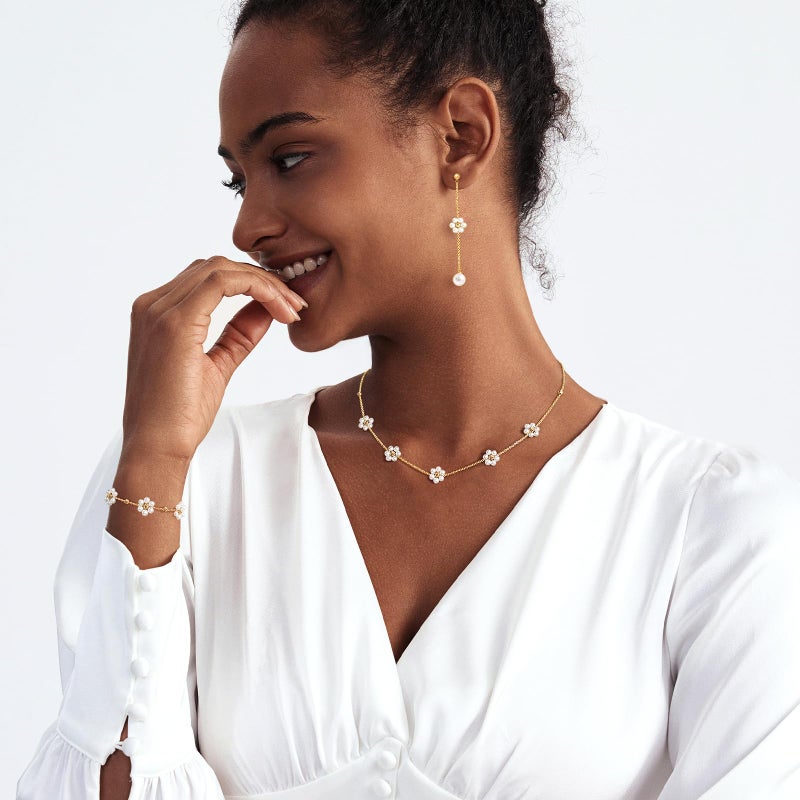 Zeffy Dainty Daisy Pearl Necklace and Earring Set with Drop Earrings Bracelets 14K Gold Plated Flower Choker Necklace Wedding Bride Jewelry Trendy Gift - Image 3