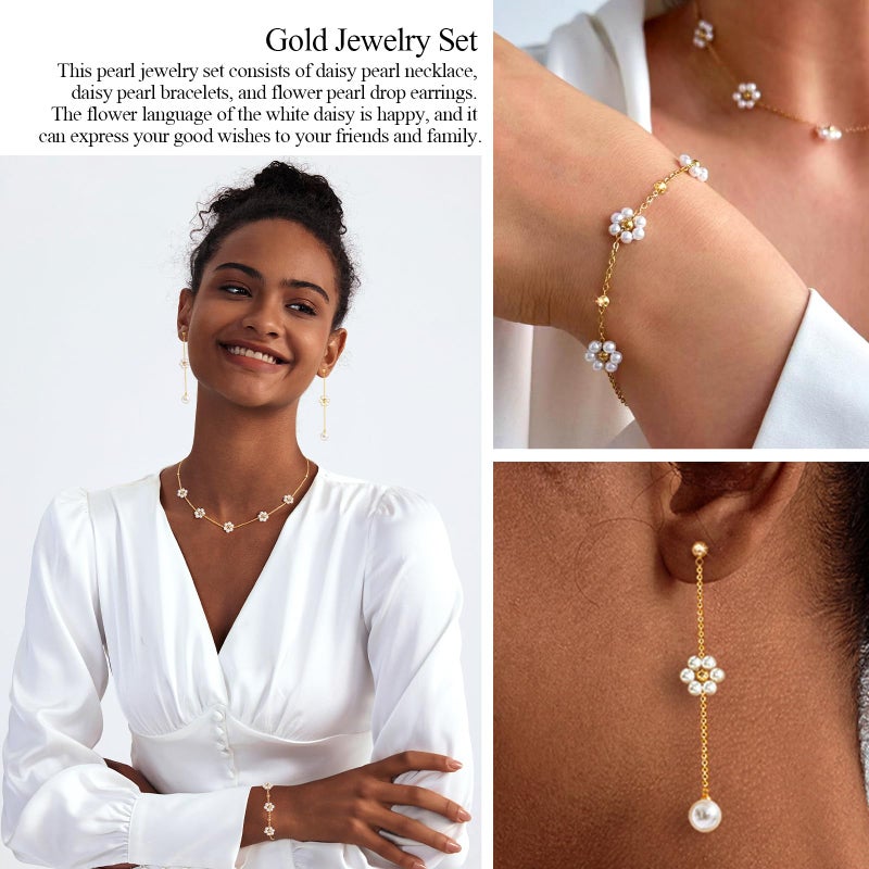 Zeffy Dainty Daisy Pearl Necklace and Earring Set with Drop Earrings Bracelets 14K Gold Plated Flower Choker Necklace Wedding Bride Jewelry Trendy Gift - Image 4