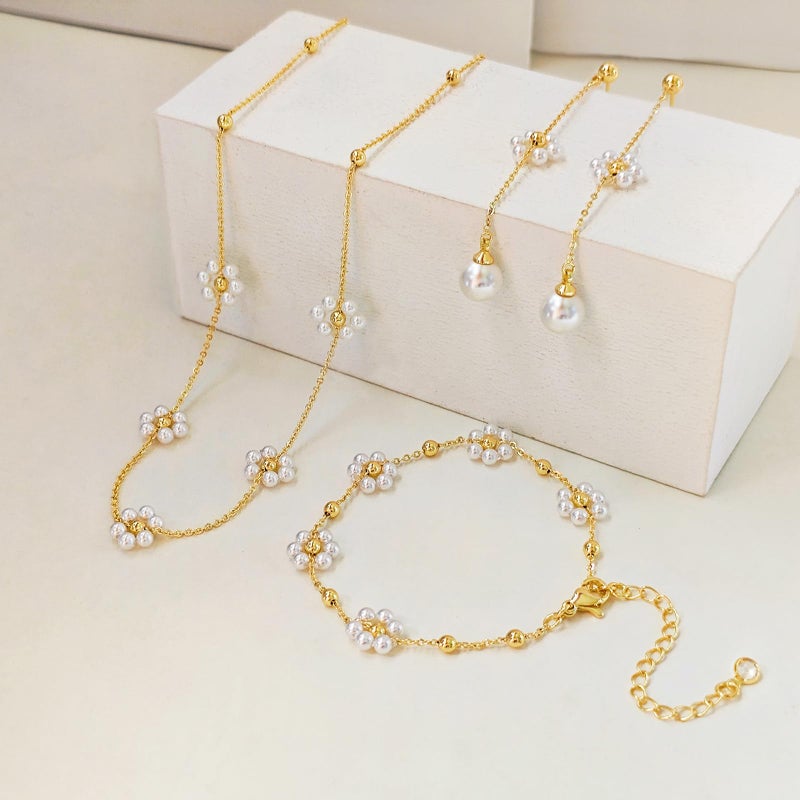 Zeffy Dainty Daisy Pearl Necklace and Earring Set with Drop Earrings Bracelets 14K Gold Plated Flower Choker Necklace Wedding Bride Jewelry Trendy Gift - Image 5