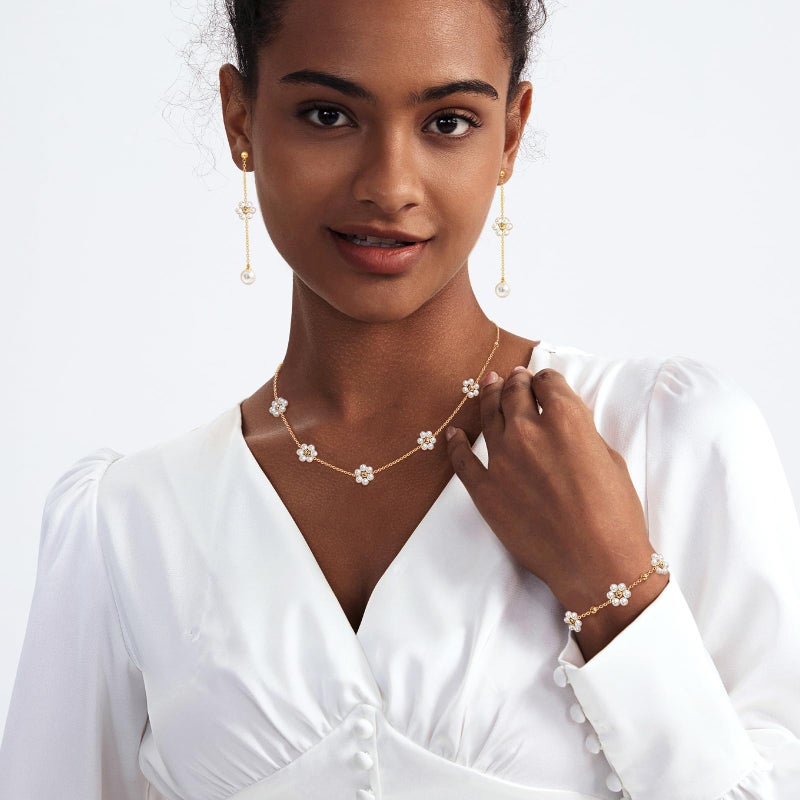 Zeffy Dainty Daisy Pearl Necklace and Earring Set with Drop Earrings Bracelets 14K Gold Plated Flower Choker Necklace Wedding Bride Jewelry Trendy Gift - Image 2