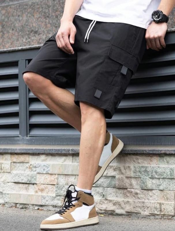 NoseQueen Men Fashion Cotton Shorts Pant for Men, Relaxed Fit Drawstring Waist Casual Half Pant for Man Black - Image 3