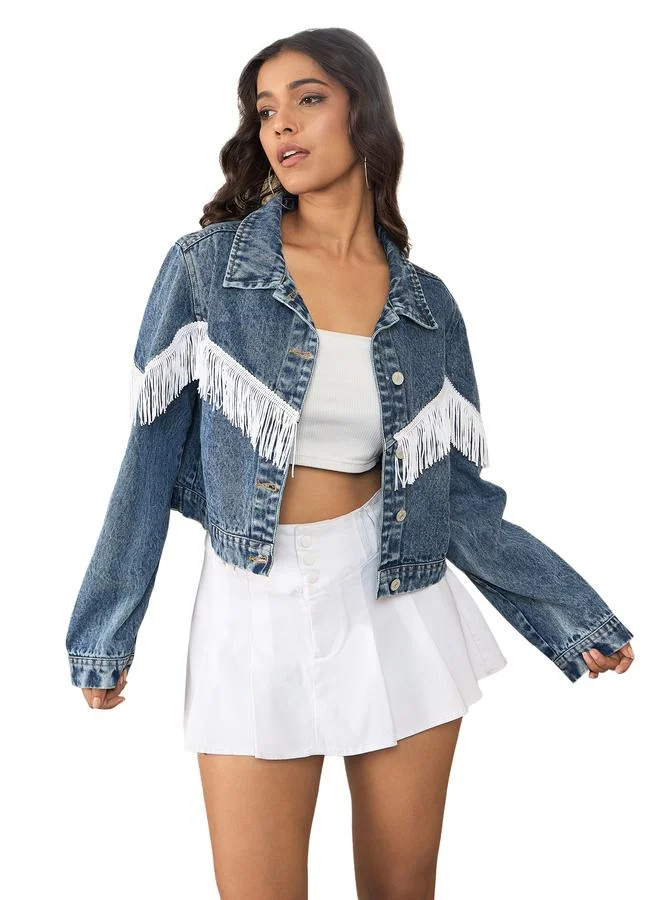 StyleStone StyleStone Denim Buttoned Crop Jacket with Front Fringes