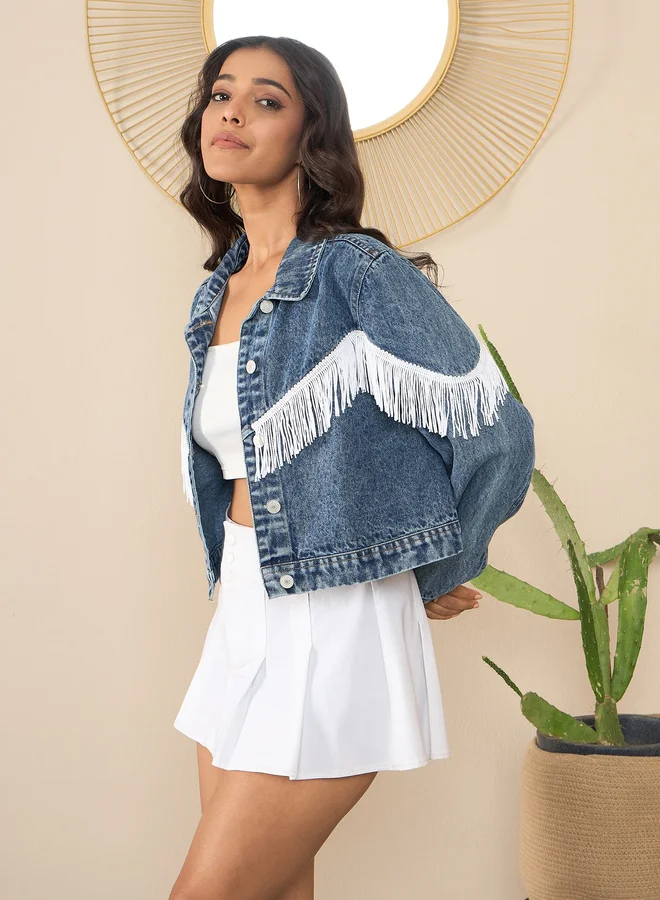 StyleStone StyleStone Denim Buttoned Crop Jacket with Front Fringes