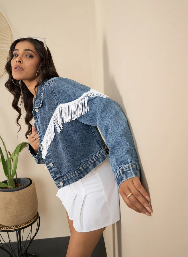 StyleStone StyleStone Denim Buttoned Crop Jacket with Front Fringes