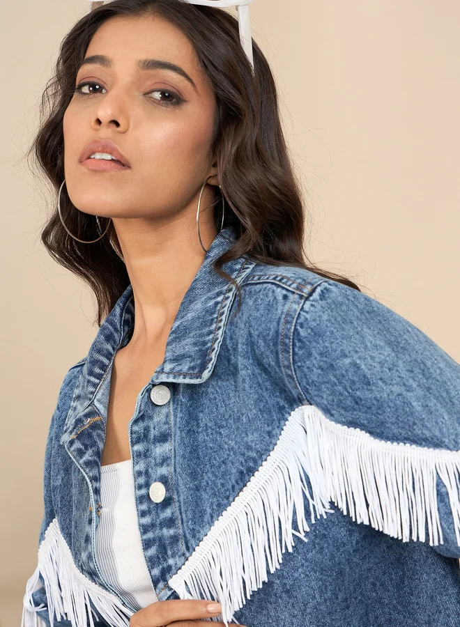 StyleStone StyleStone Denim Buttoned Crop Jacket with Front Fringes