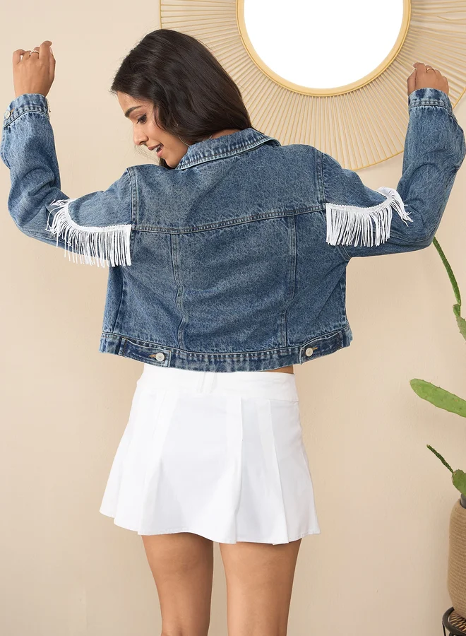 StyleStone StyleStone Denim Buttoned Crop Jacket with Front Fringes