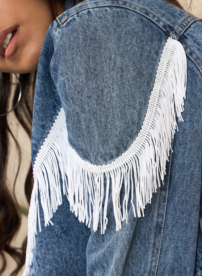 StyleStone StyleStone Denim Buttoned Crop Jacket with Front Fringes
